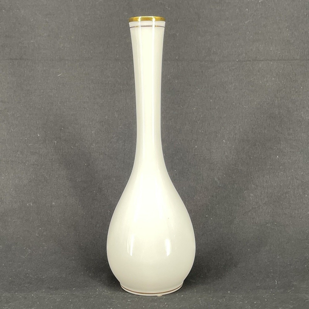Vtg Japan Made White Porcelain Bud Vase Ball Base 7.5" Simple Elegant Gold Trim